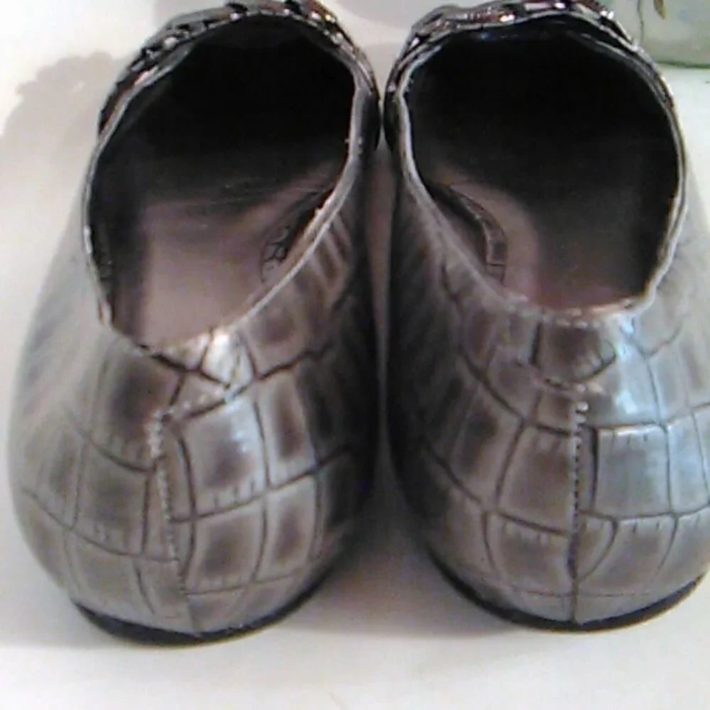Saks Fifth Avenue Pewter Reptile Embossed Flats - Picture 4 of 14